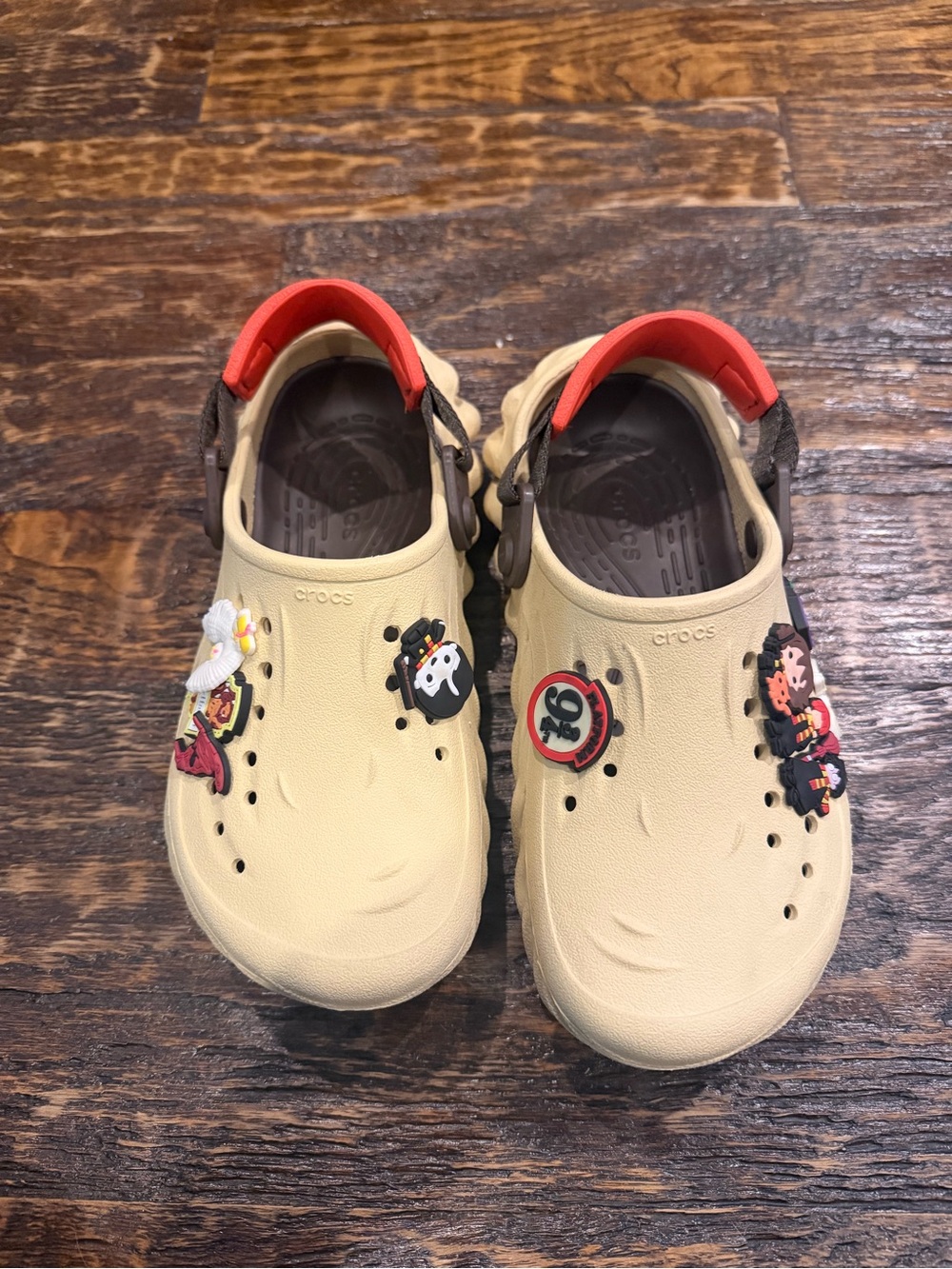 CROCS Kids echo Beige Clogs with Red Heel Straps and Harry Potter jibbitz